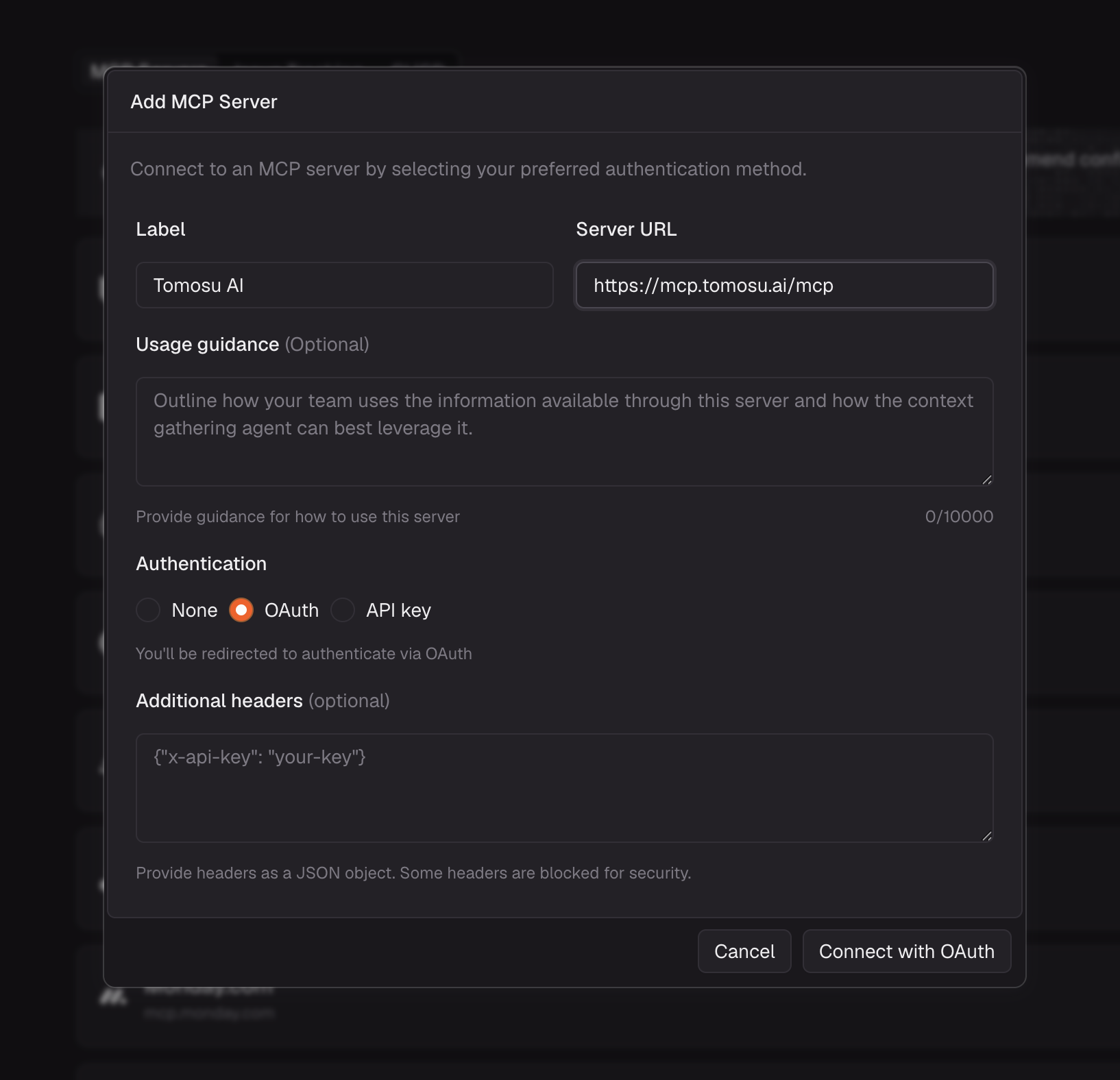 The Add MCP Server dialog in CodeRabbit with Label set to Tomosu AI, Server URL set to https://mcp.tomosu.ai/mcp, and the OAuth radio button selected. The Connect with OAuth button is highlighted at the bottom right.