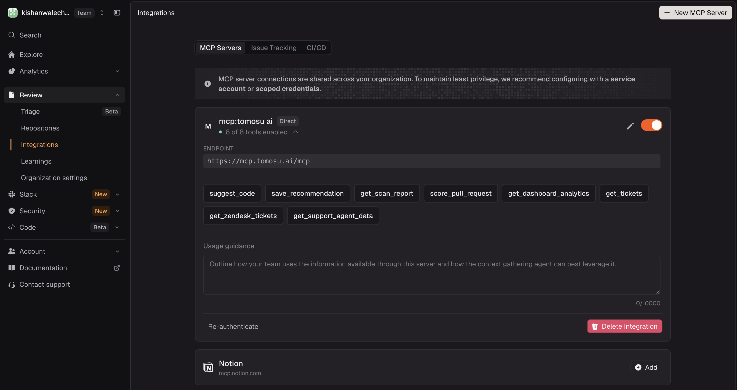 The CodeRabbit Integrations page showing mcp:tomosu ai connected as Direct with 8 of 8 tools enabled. The tool chips suggest_code, save_recommendation, get_scan_report, score_pull_request, get_dashboard_analytics, get_tickets, get_zendesk_tickets, and get_support_agent_data are all visible.