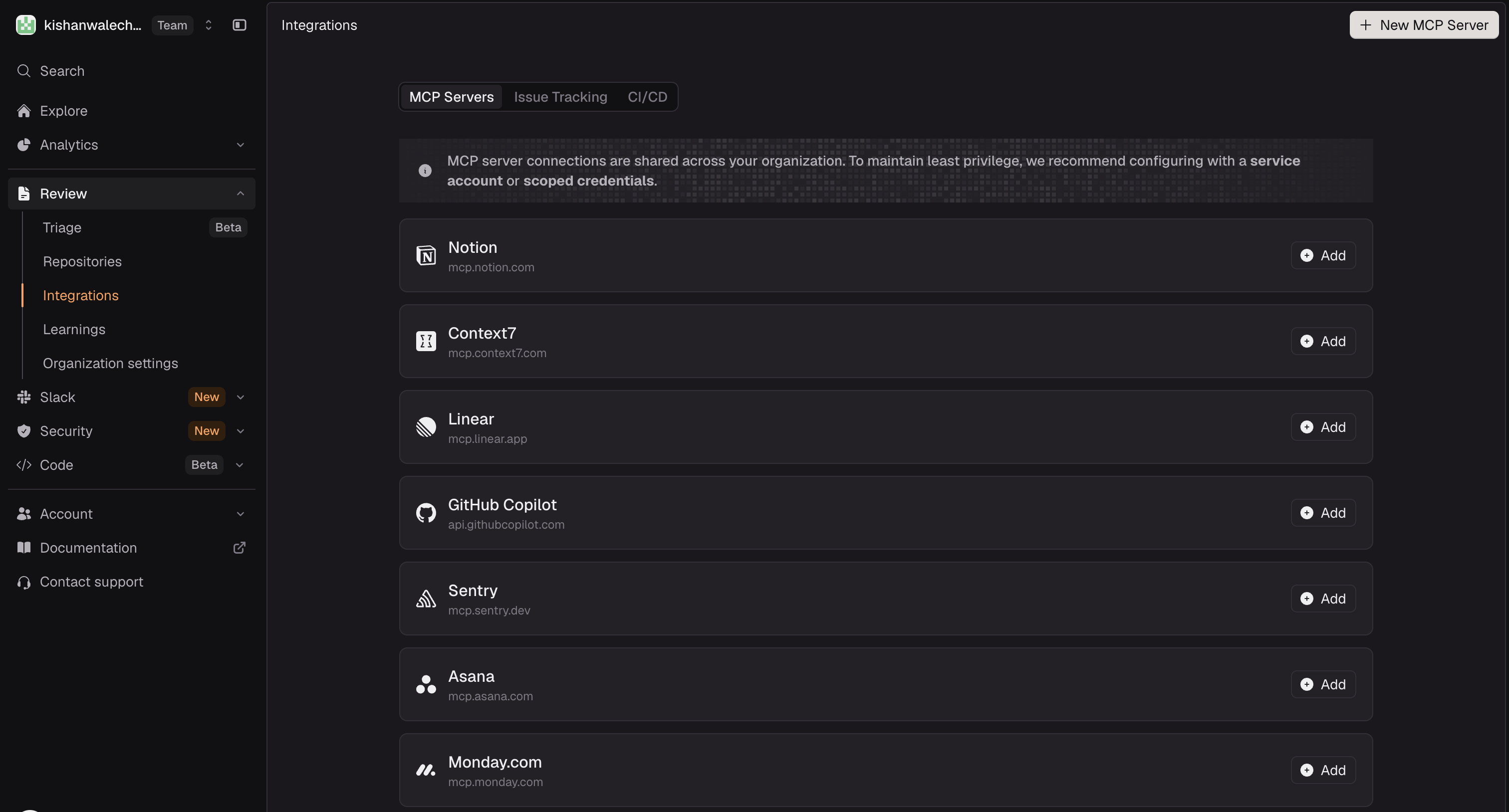 The CodeRabbit Integrations page on the MCP Servers tab, showing a list of available integrations including Notion, Context7, Linear, GitHub Copilot, Sentry, Asana, and Monday.com, with a + New MCP Server button in the top right.