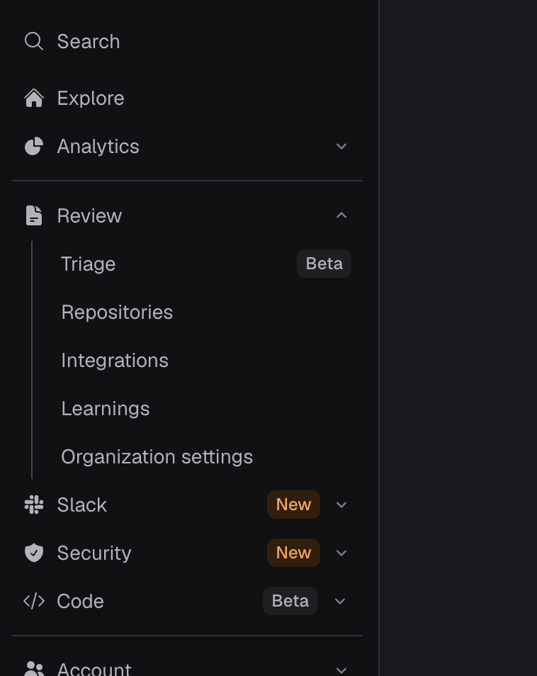 The CodeRabbit left sidebar with Review expanded, showing Triage, Repositories, Integrations, Learnings, and Organization settings.