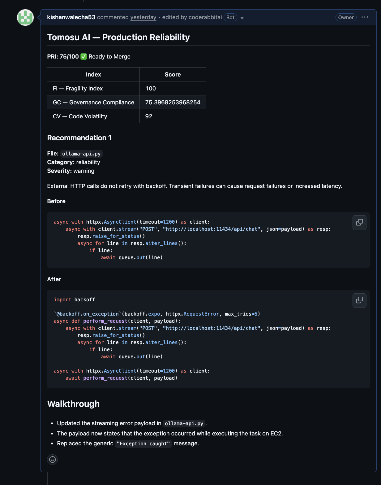 A CodeRabbit pull request comment showing Tomosu AI Production Reliability: PRI 75/100 Ready to Merge, a score table with FI 100, GC 75.4, CV 92, and a before/after code recommendation for adding retry backoff to an HTTP call.