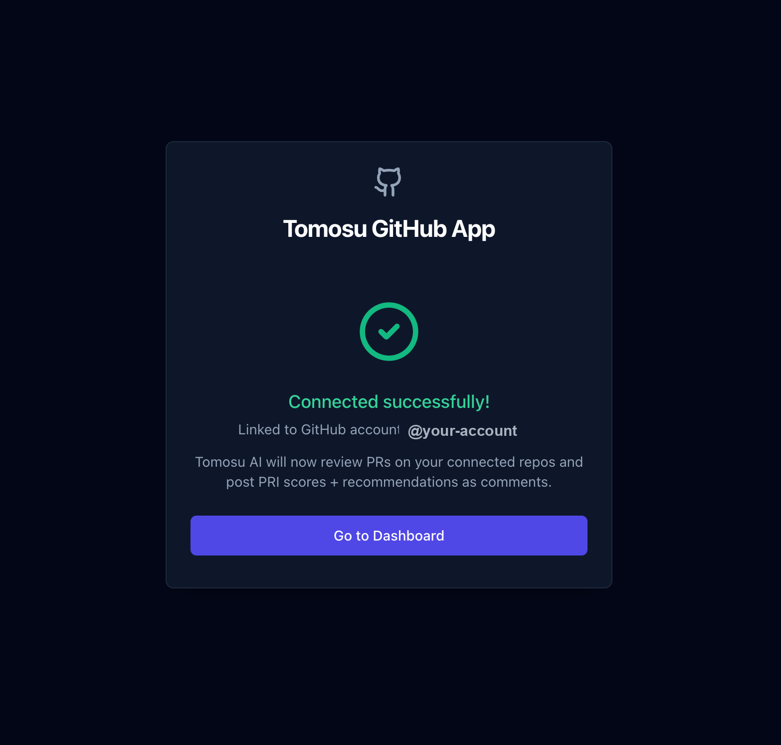 The Tomosu VisionBoard success screen reading Connected successfully, with the linked GitHub account and a Go to Dashboard button.