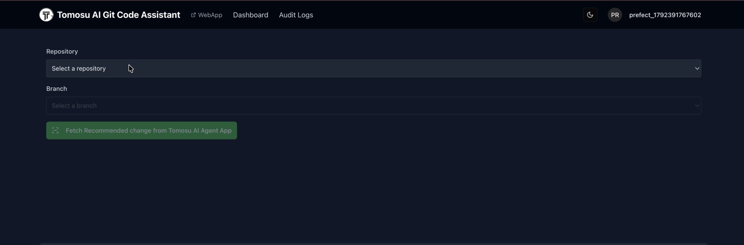 GitAgent repository and branch selectors with the Fetch Recommended change from Tomosu AI Agent App button.