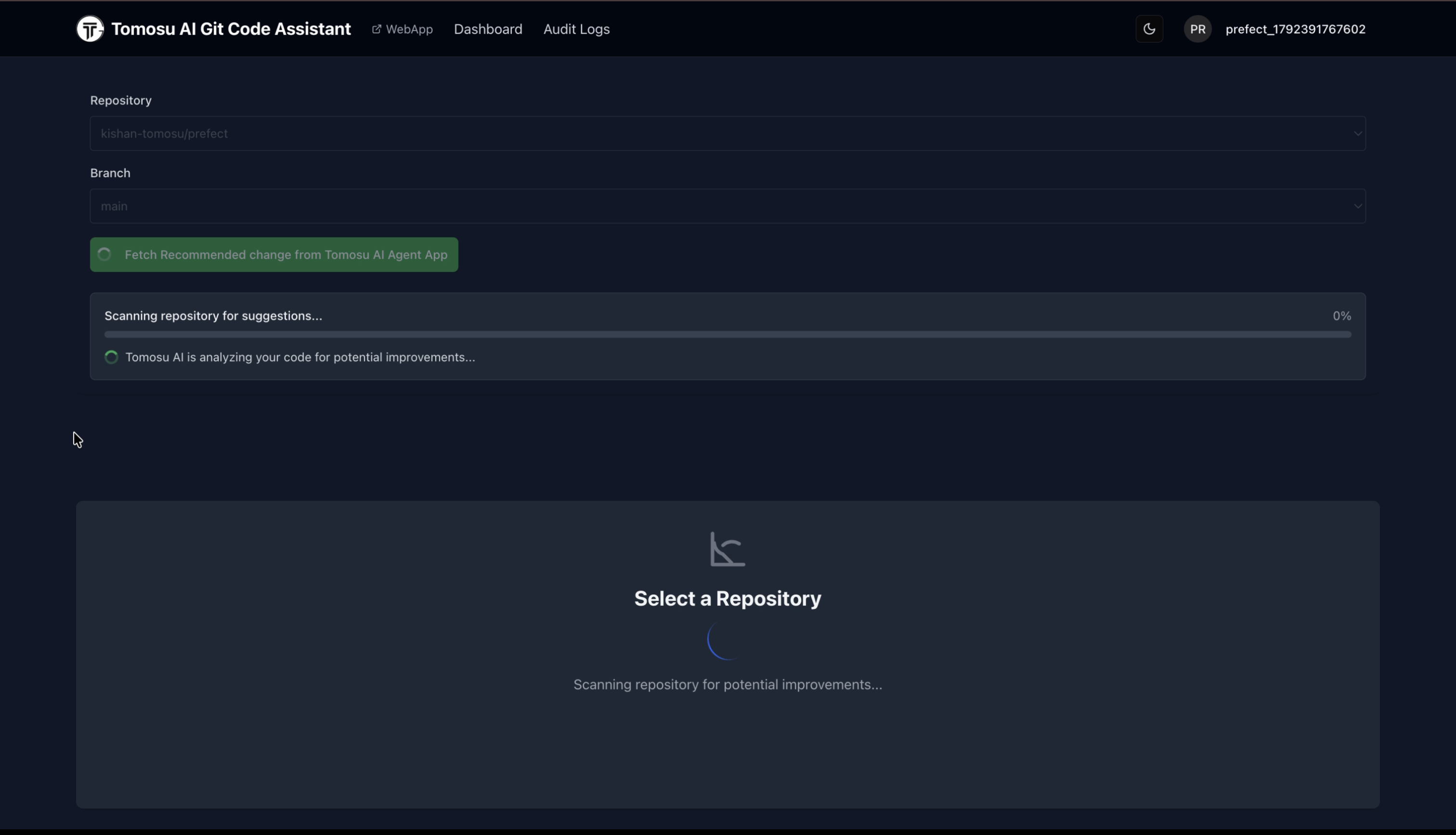 GitAgent scanning the repository for suggestions, with a progress bar and status message.