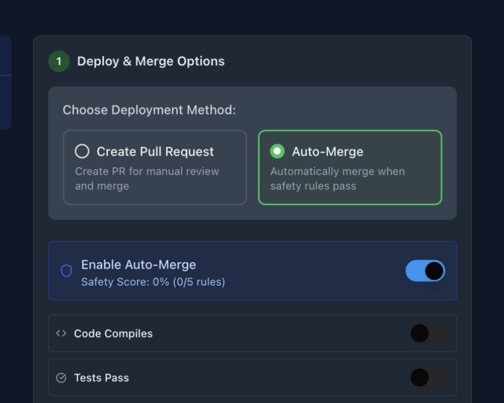 GitAgent Deploy and Merge Options step, with Create Pull Request and Auto-Merge as the two deployment methods.