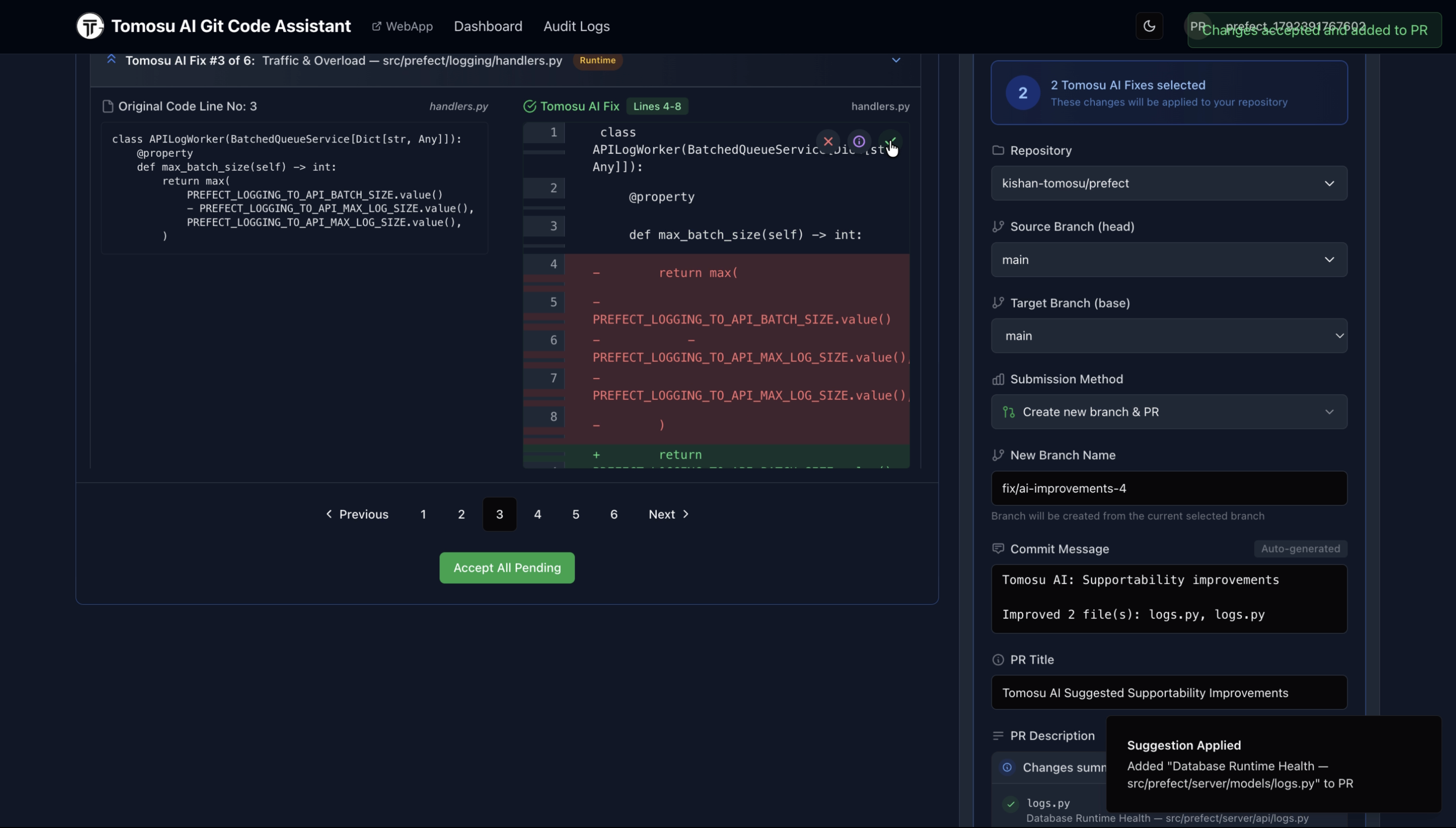 GitAgent fix review screen showing a before and after code diff on the left, and the auto-generated pull request form on the right with the count of accepted fixes.