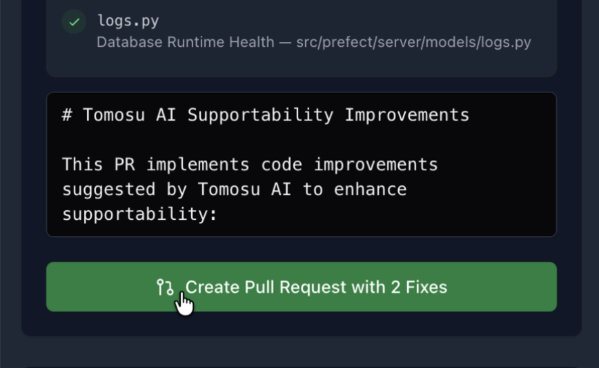 GitAgent pull request description field and the Create Pull Request with 2 Fixes button.