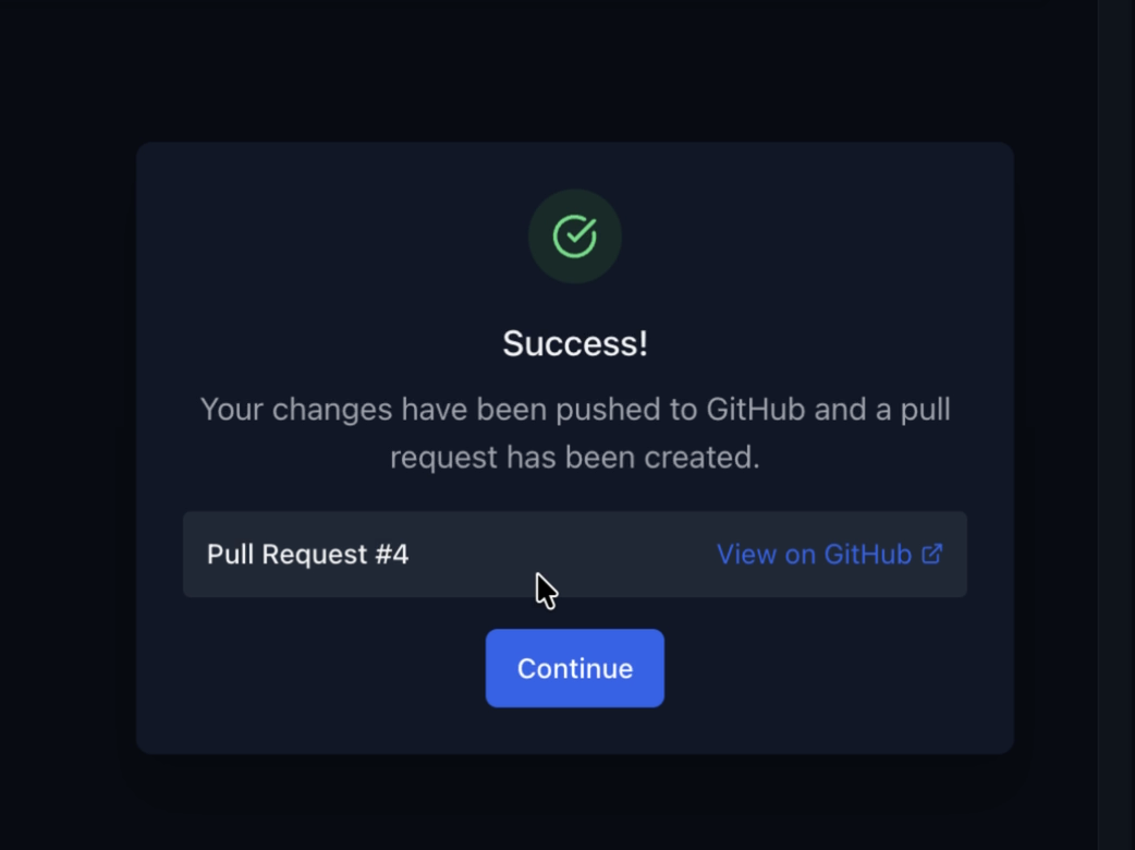 GitAgent success screen confirming the pull request was created, with a View on GitHub link.