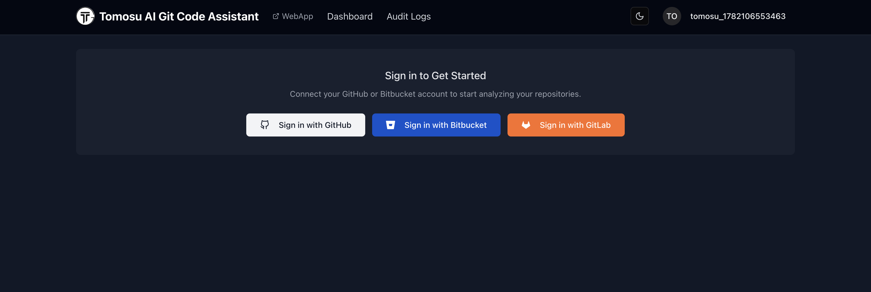 GitAgent Sign in to Get Started screen with Sign in with GitHub, Sign in with Bitbucket, and Sign in with GitLab buttons.