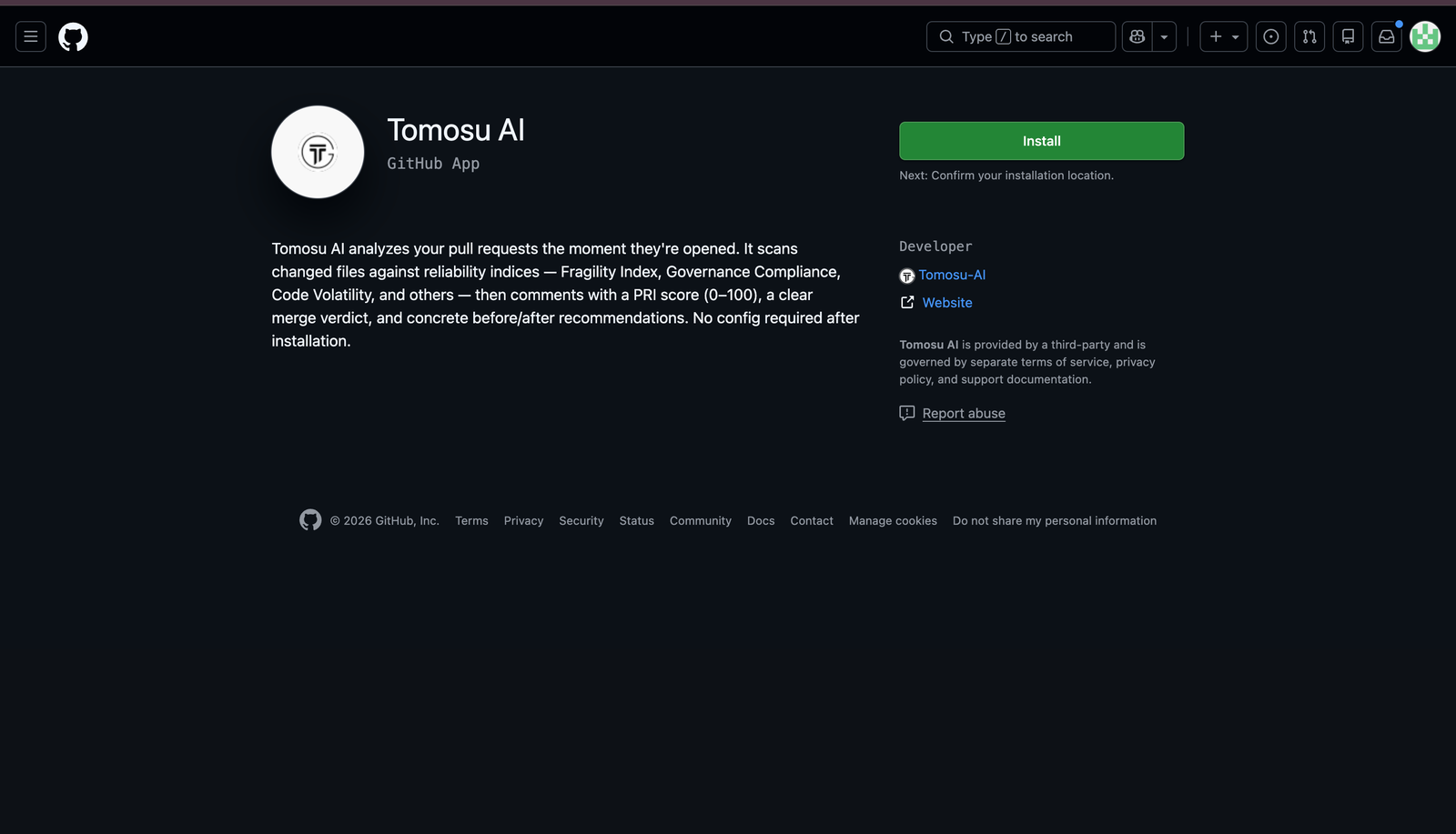 The Tomosu AI GitHub App page on GitHub, showing the app description and the green Install button in the top right.