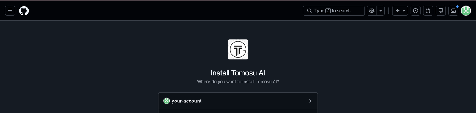 GitHub's Install Tomosu AI screen asking where to install, with the account selector listed below.