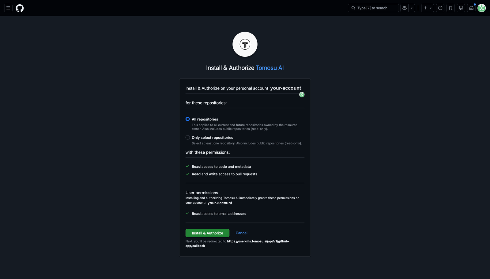 The Install and Authorize screen showing repository scope options, read access to code and metadata, read and write access to pull requests, and read access to email addresses.