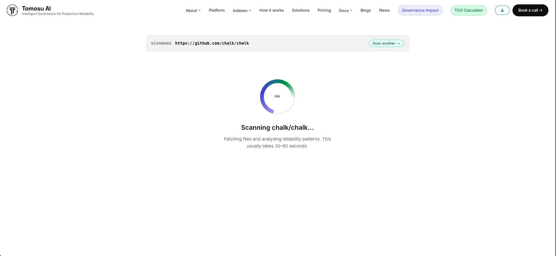 Tomosu AI web app showing the repository confirmation screen with detected project structure, language, and package files before starting a scan.