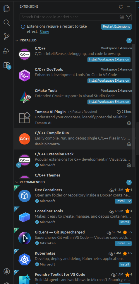 VS Code Extensions panel showing installed extensions in the sidebar Activity Bar.