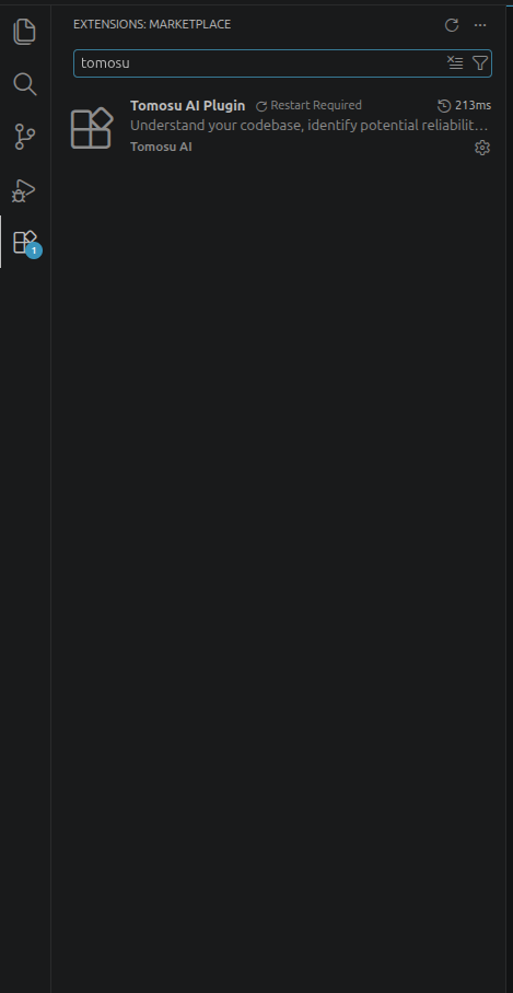 VS Code Extensions Marketplace search results for 'tomosu', showing two Tomosu AI Plugin entries with an Install button.