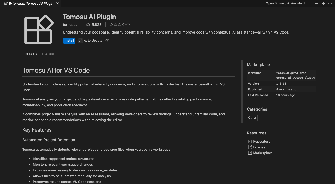 The full Tomosu AI Plugin marketplace detail page inside VS Code, showing version 1.0.38, 5,828 downloads, and the Install button.