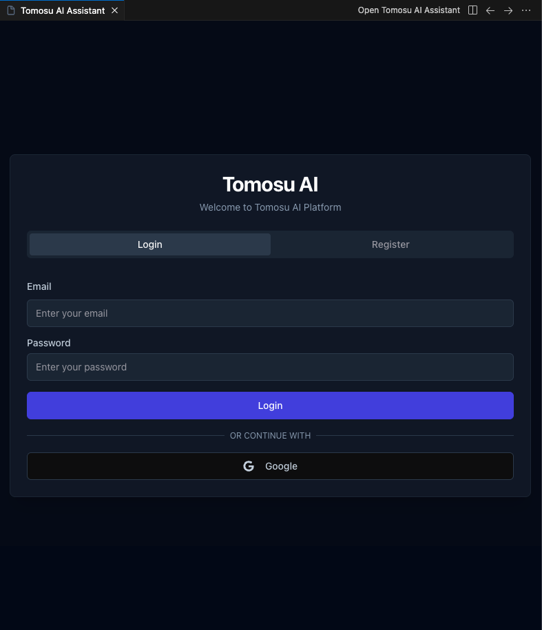 The Tomosu AI login screen inside VS Code, showing Login and Register tabs, email and password fields, and a Google sign-in button.