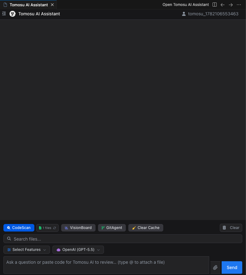 The Tomosu AI Assistant panel after sign-in, showing CodeScan, VisionBoard, GitAgent, and Clear Cache action buttons, plus a file search bar and the AI chat input.
