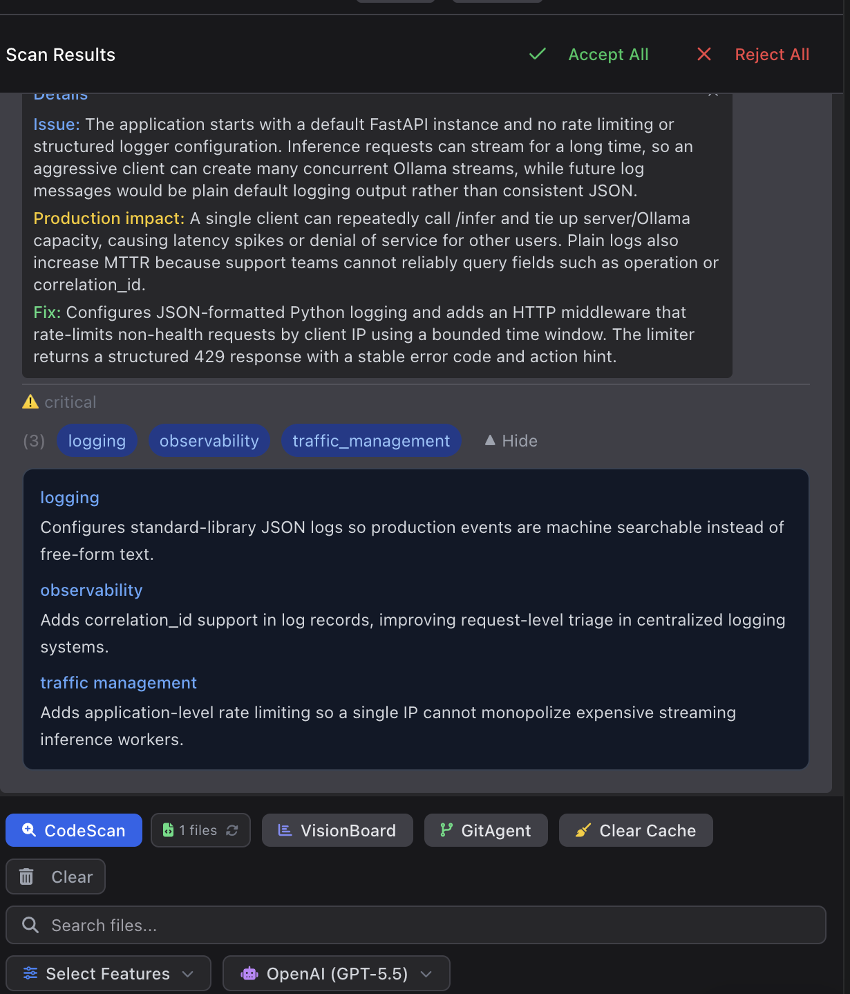 Tomosu AI finding detail panel showing Issue, Production impact, and Fix descriptions, followed by three code patch cards tagged with logging, observability, and traffic management.
