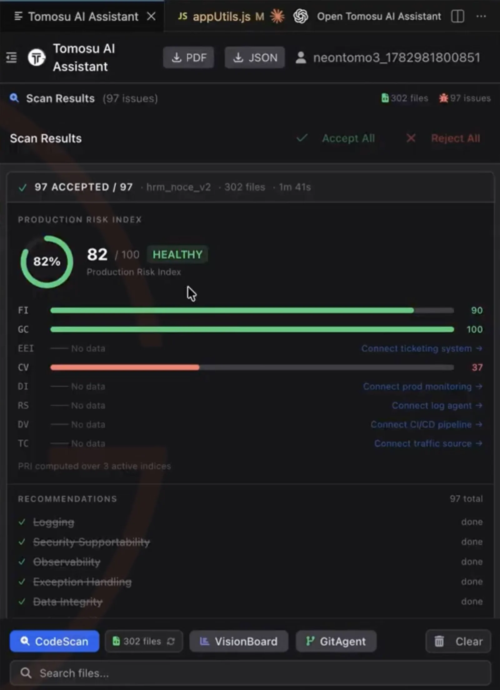 The same VS Code panel after accepting every recommendation: 97 accepted of 97, Production Reliability Index 82 out of 100 marked healthy, Fragility Index 90, Governance Compliance 100, and the recommendation categories struck through and marked done.
