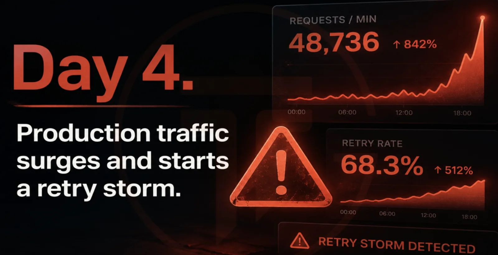 A production dashboard on day four: requests per minute at 48,736, up 842 percent, retry rate at 68.3 percent, up 512 percent, and a retry storm detected alert.