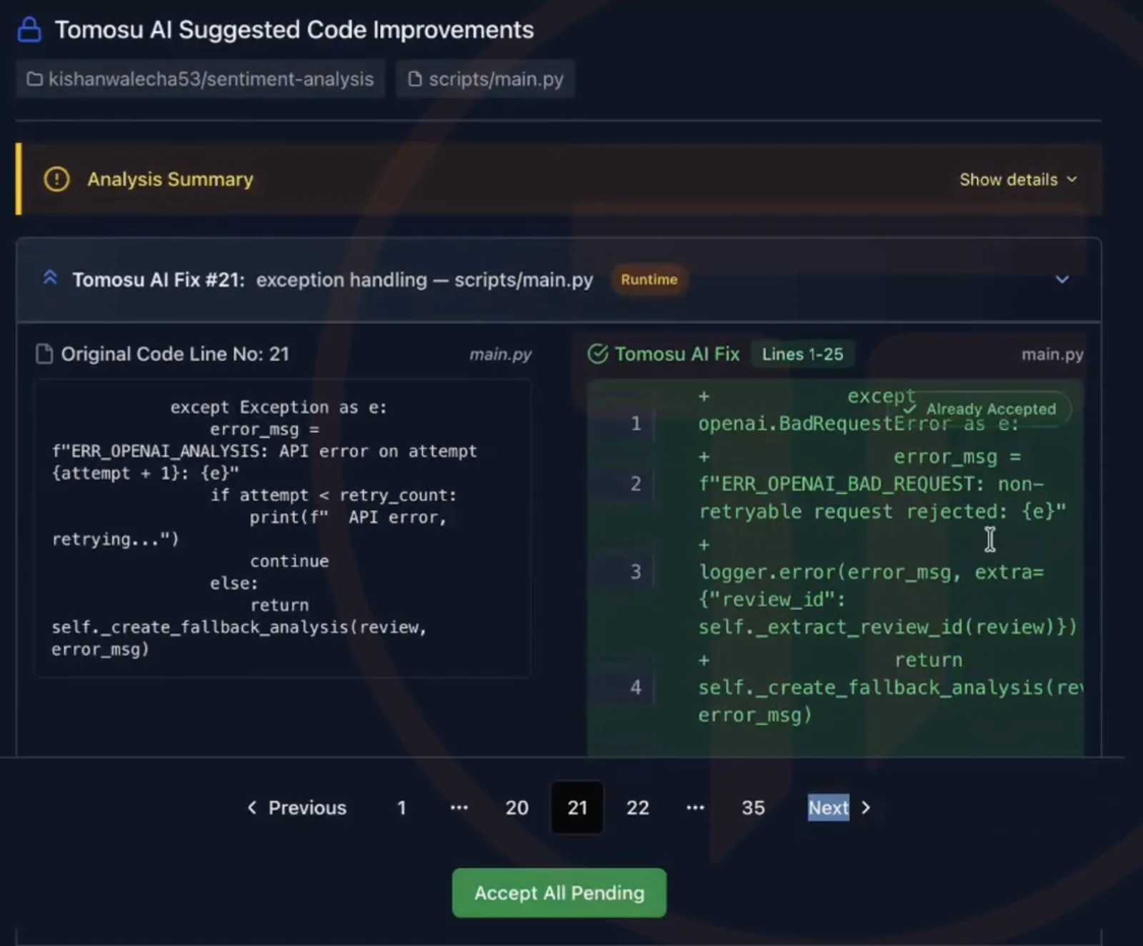 Tomosu AI Suggested Code Improvements for scripts slash main dot py: fix number 21, exception handling, tagged runtime, showing the original broad except block that retried every error beside the proposed fix that catches the non-retryable bad request, logs it with a review id and falls back, with an Accept All Pending button.